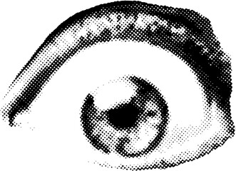 Halftone cut out big eye from newspaper. Collage element of paper for poster, stickers, banner. Cutting shapes grunge vintage face part. Abstract vector
