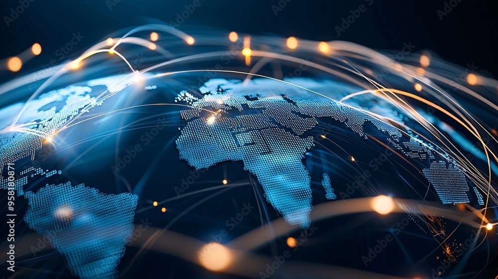 Poster abstract rendering of global supply chains influenced by economic policy, visualized through interco