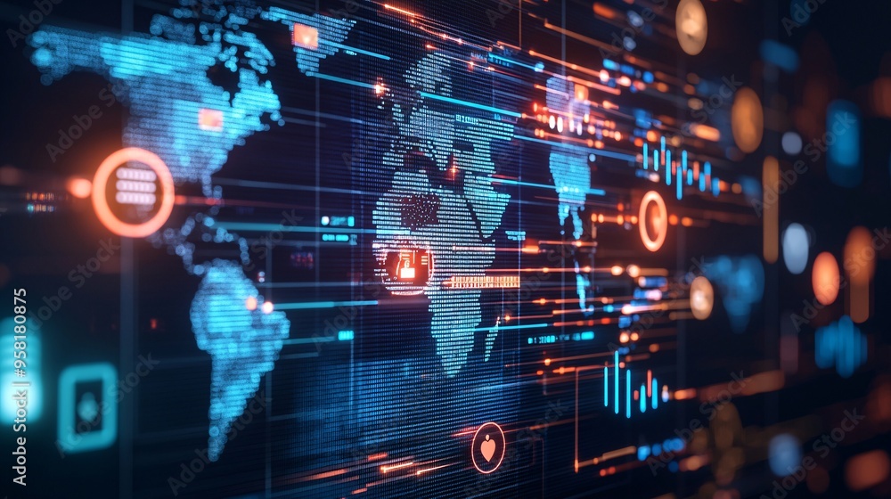 Poster visual of a digital interface showing economic policy scenarios with outcomes projected on a global 