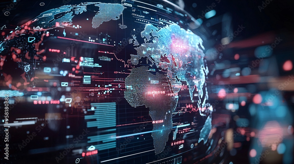 Wall mural visual of a digital interface showing economic policy scenarios with outcomes projected on a global 