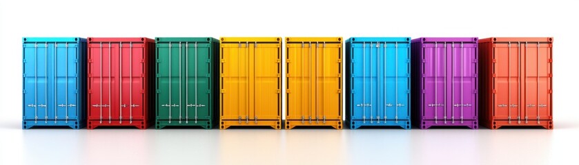Colorful Cargo: A vibrant row of shipping containers stands poised for global trade, symbolizing international commerce and logistics in a clean, modern aesthetic. 