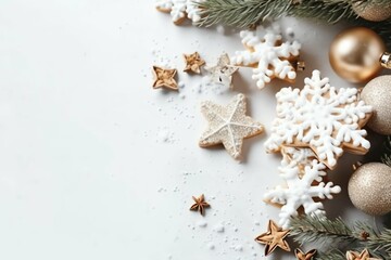 Christmas composition with gift boxes, card balls fir branches pine cones with copy space. Christmas