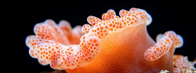  A tight shot of a sea anemone, featuring dark spots on its body against a black backdrop