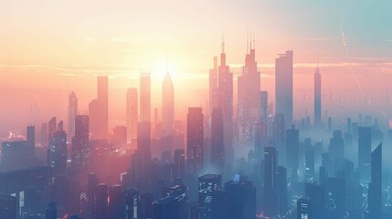 Fototapeta premium Cityscape at Sunset with Haze and Tall Buildings