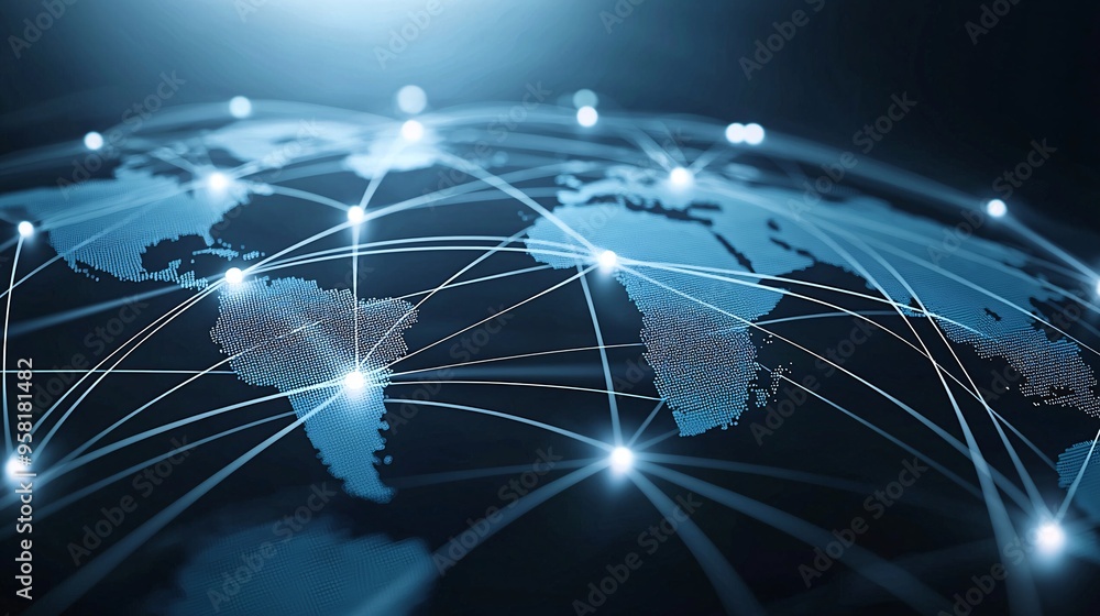 Poster digital rendering of economic policies visualized as pathways in a global trade network, concept of 