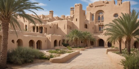 Fototapeta premium Desert-like sandstone building with unique architecture and sere