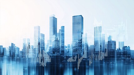 Fototapeta premium Abstract view of a city skyline influenced by economic policy changes, represented by digital overlays of economic data