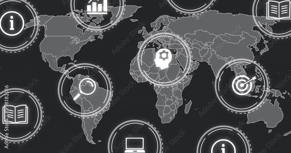 Poster icons representing various business concepts over world map animation