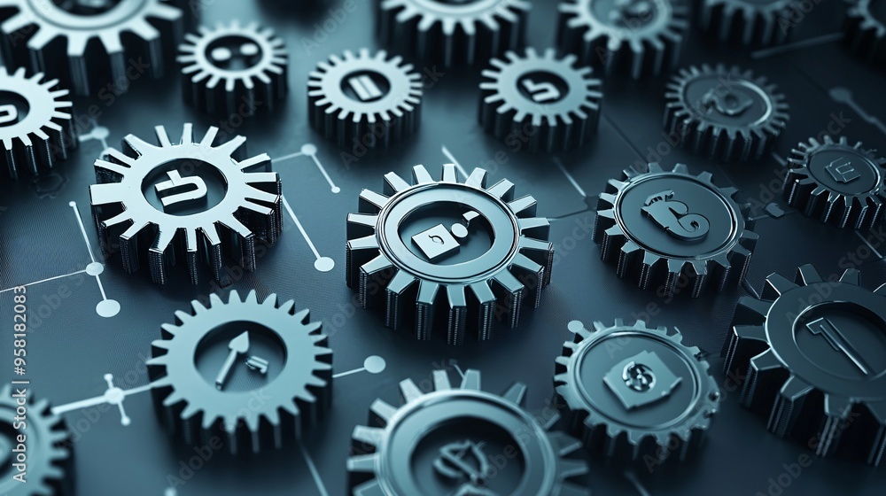 Poster macro view of interconnected gears labeled with economic terms, representing complex policy mechanis