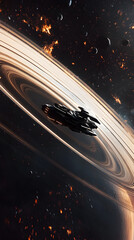 An illustration of a small spaceship flying through the rings of Saturn, with just the outlines visible.


