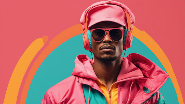 guy afro rapper wearing hip hop clothes, listening to music with headphones.