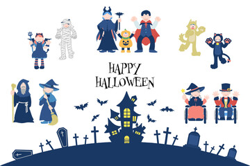 ハロウィンの仮装をした多世代の人々とハロウィン背景のフラットなイラスト（セット）

