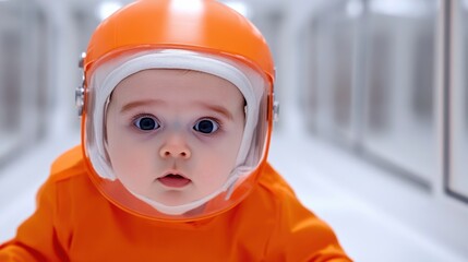 A baby in an orange space suit looking up at the camera, AI