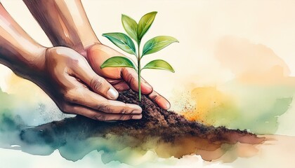 Hands planting a seed in the earth, symbolizing growth and the start of something new, art