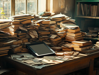 Fototapeta premium Cluttered Desk with Tablet Among Piles of Books in Warm Sunlight