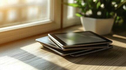 Fototapeta premium Stack of Tablets Near Window in Sunlit Room With Indoor Plant