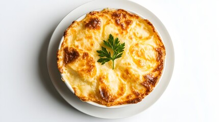 Delicious homemade potato gratin with golden cheese topping and fresh parsley garnish