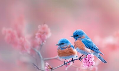 Fototapeta premium Two male bluebirds on perch. 