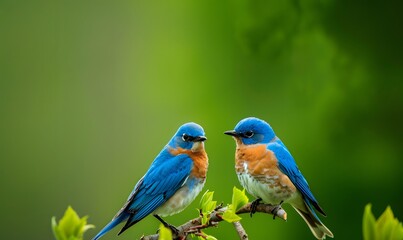 Fototapeta premium Two male bluebirds on perch. 