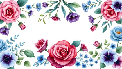 A bouquet of blue and purple flowers with green leaves on a white background