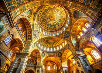 Obraz premium A photo image of a majestic golden-domed interior illuminated by warm sunlight, gleaming mosaics and intricate patterns adorning the walls.