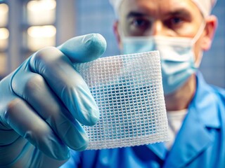 a photo image of a surgeon's hand holding a small piece of transparent mesh fabric used for inguinal hernia repair.