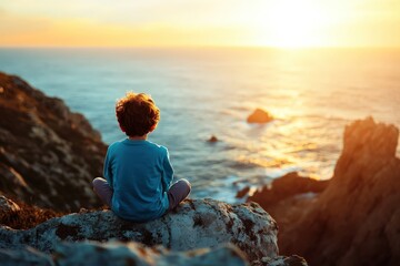 A child sits on a rock overlooking the ocean at sunset, capturing a moment of wonder, innocence, and peace while taking in the beauty of a breathtaking coastal sunset.