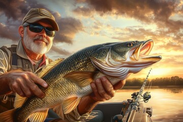 Angler's Big Catch at Sunset : Bass Fishing, trophy bass, fishing boat, sunset fishing, fisherman, proud catch, sport fishing, outdoor adventure