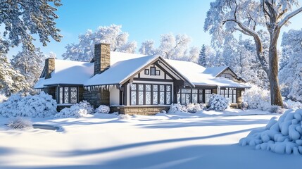 A rustic wooden cottage nestled amidst snow-covered trees in a rural winter landscape