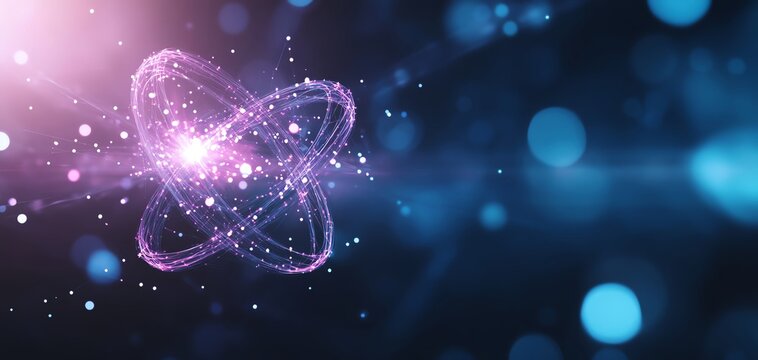 Vibrant illustration of an atom with glowing particles, symbolizing energy and innovation in science and technology.