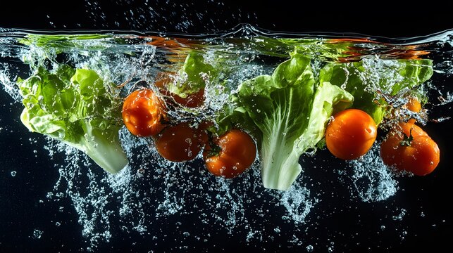 A colorful assortment of vegetables, including lettuce and tomatoes, plunging into water with dramatic splashes