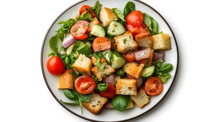 Vibrant panzanella salad with fresh vegetables and crispy croutons