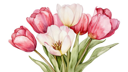 Watercolor painting of pink and white tulips with green leaves, beautifully detailed and perfect for spring and floral-themed designs.