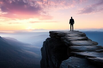 Fototapeta premium A lone individual stands on the edge of a rocky cliff, overlooking an expansive valley as the sun sets, casting vibrant colors across the sky and providing a sense of serenity.