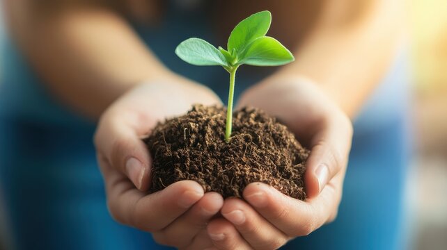 Hands Holding Soil with a Young Green Plant Growing - Symbol of New Life, Growth, and Environmental Conservation