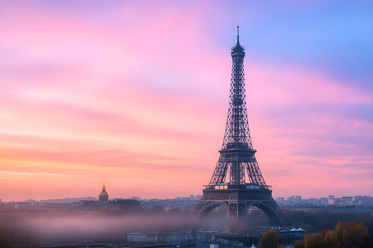 Eiffel Tower Paris Sunrise Fog Cityscape - Powered by Adobe