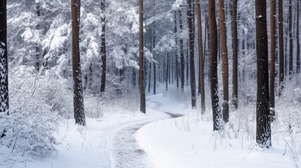 Winter wonderland: Snow-covered trees stand tall in a serene forest