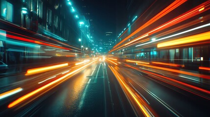 Fototapeta premium A dynamic city scene at night, capturing vibrant light trails from moving vehicles, creating a sense of speed and urban energy.