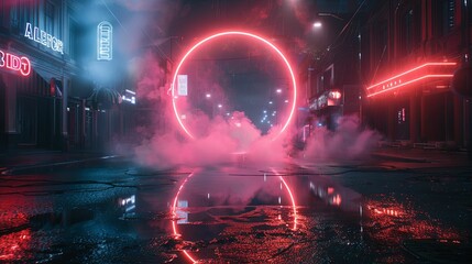Obraz premium Neon Ring Above a Wet City Street at Night