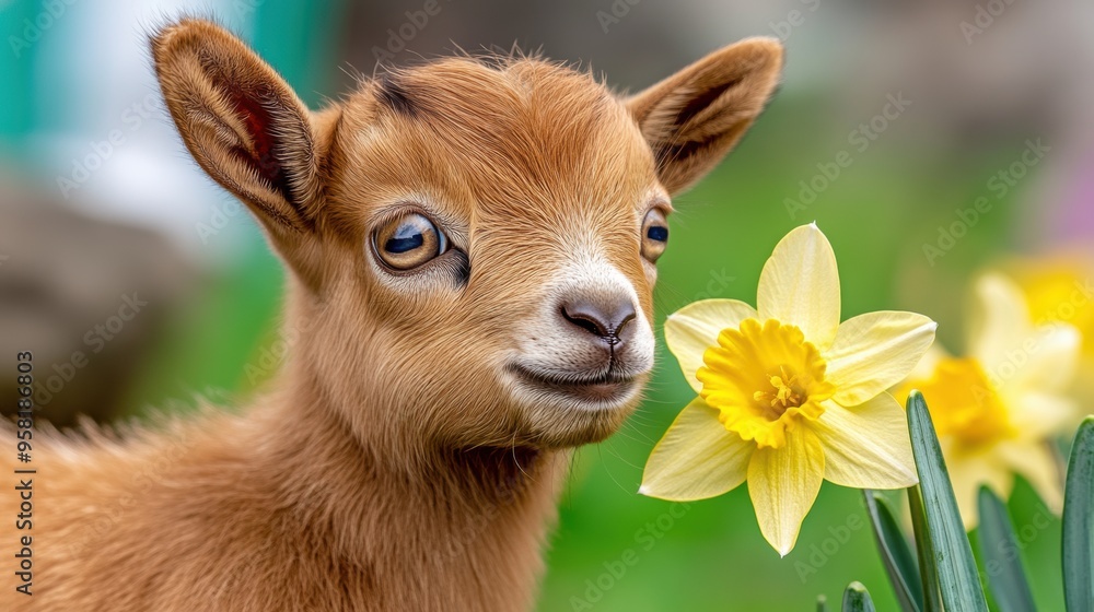 Wall mural a small goat is looking at a yellow flower in the grass, ai