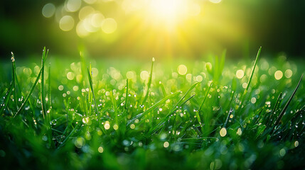 Obraz premium Dew on grass blades glistening in the morning sun, fresh weather, nature awakening