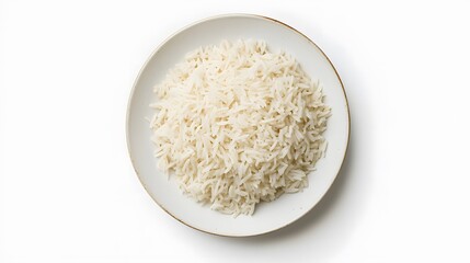 Delicious cooked white rice on a plate against a white background