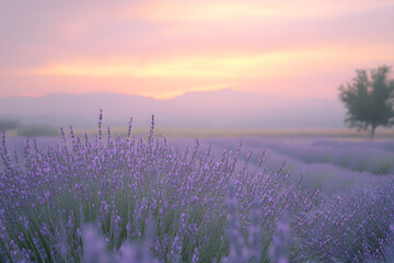Fototapeta premium Lavender Field at Sunset with Soft Light and Blurred Background