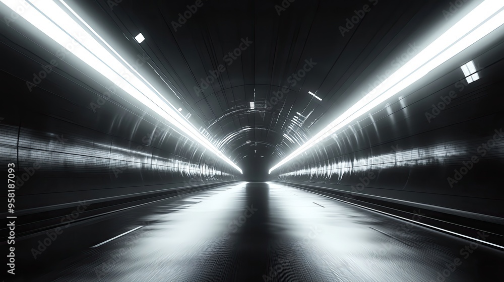 Poster a dynamic perspective of an illuminated tunnel, creating a sense of speed and movement through its s