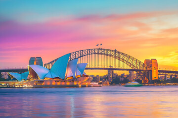 Naklejka premium Sydney Opera House and Harbour Bridge at Sunset
