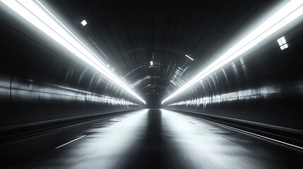 A dynamic perspective of an illuminated tunnel, creating a sense of speed and movement through its symmetric lines.
