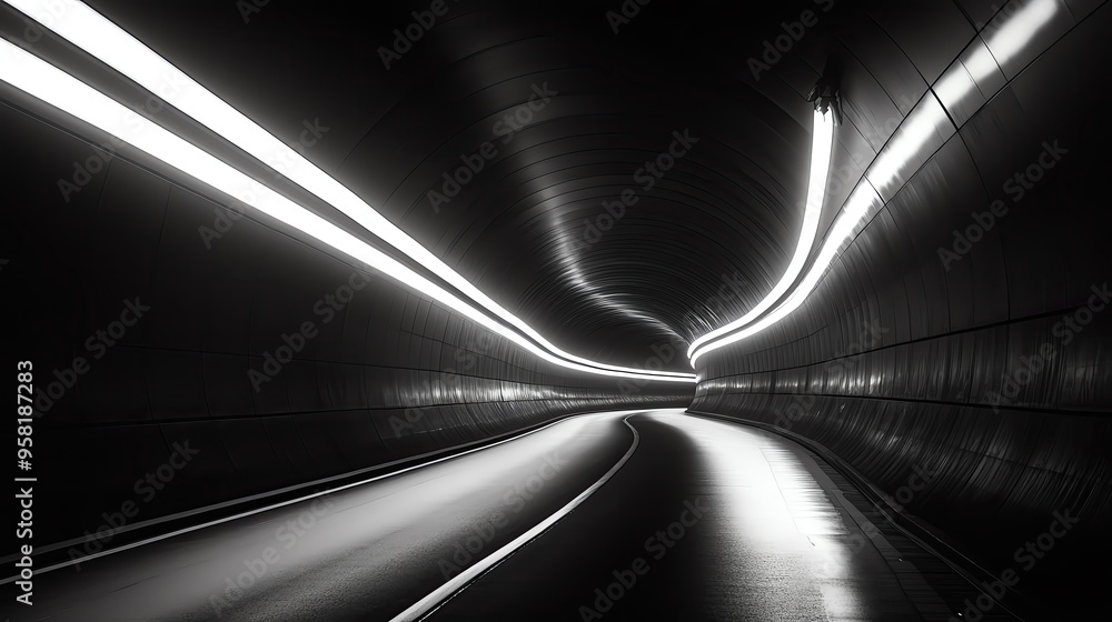 Poster a dynamic view of a modern tunnel illuminated with sleek lights, showcasing movement and depth in a 