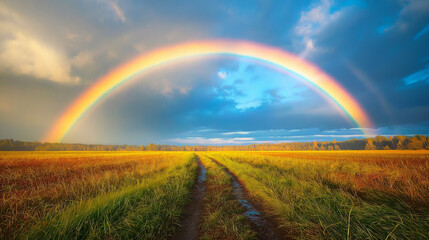 Naklejka premium Bright rainbow over a rural landscape after a rainstorm, colorful weather, hope and renewal