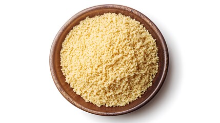 Wooden bowl of raw couscous isolated on white background for culinary use