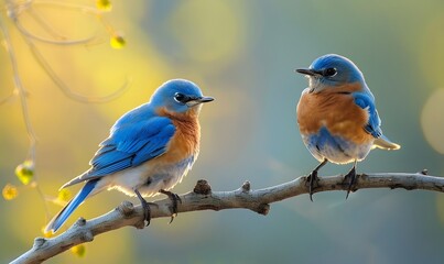 Fototapeta premium Two male bluebirds on perch. 